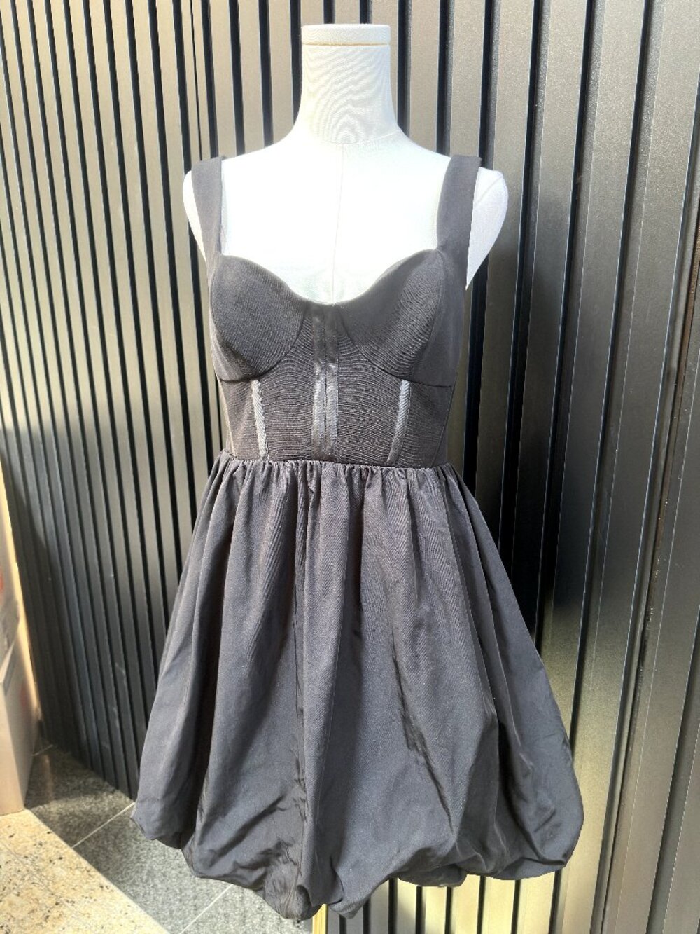 Black Greige Ruffle Neck Smocked Waist Full Skirt Mini Dress Spaghetti Strap